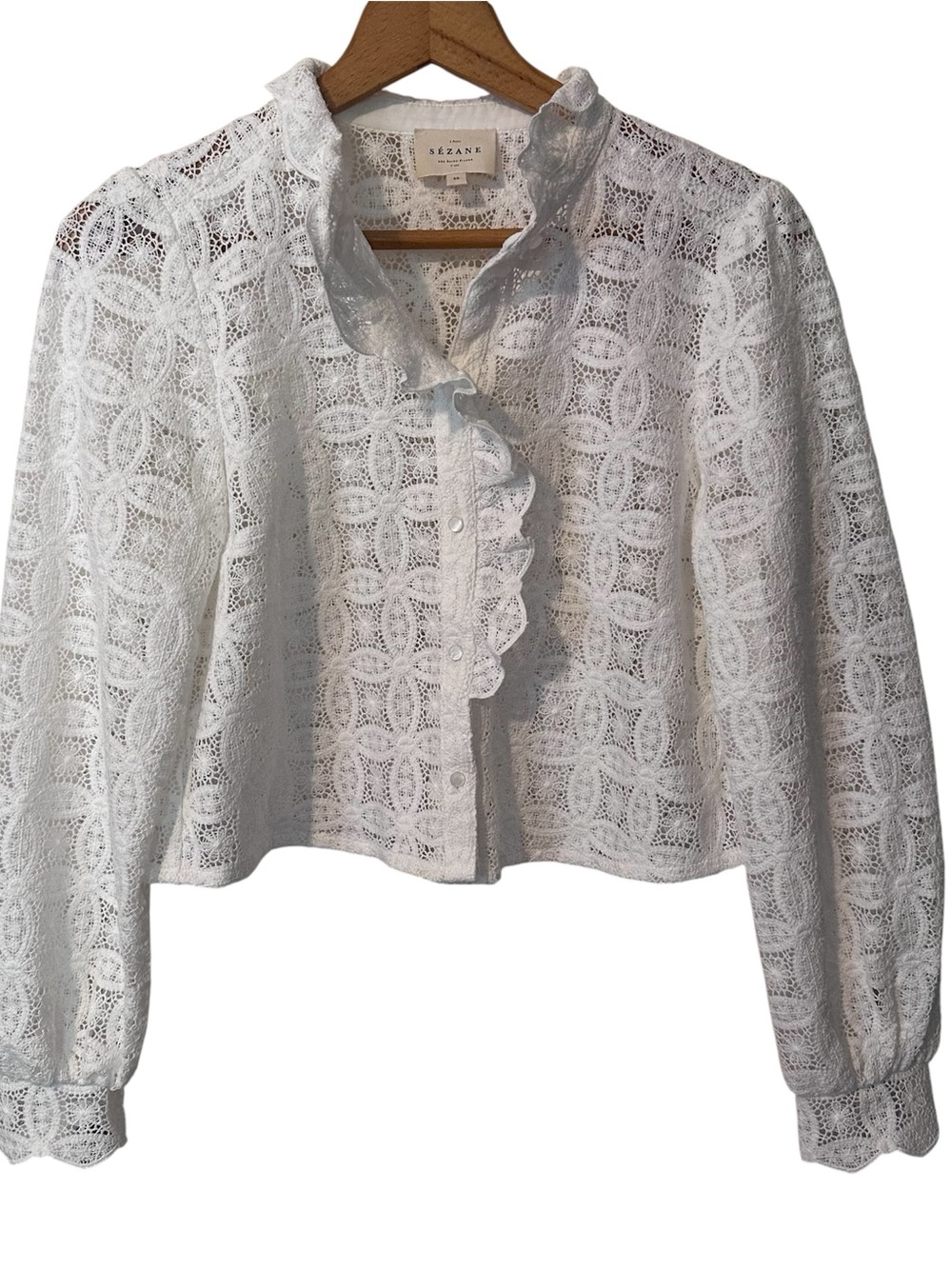 Sézane White Lace Ruffle Button Up Blouse Top Sz 38 US 6 Romantic Boho Cottage